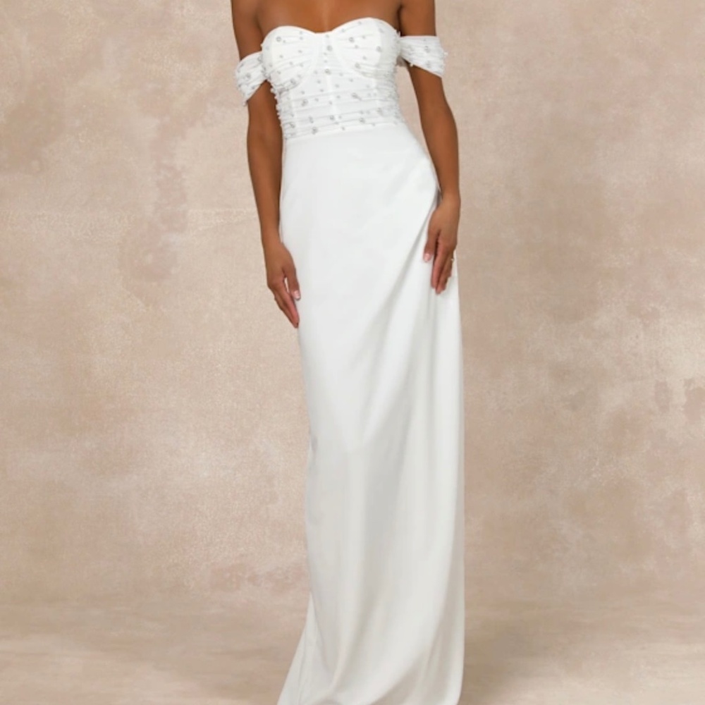 Lulus Immensely Charming White Mesh Pearl Bustier Maxi Dress
